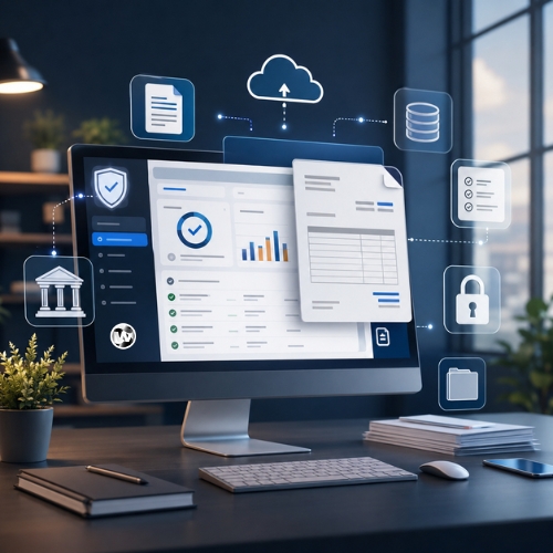 Modern illustration of mandatory electronic invoicing in 2026 with digital invoices, approved platform, VAT reporting and secure business data